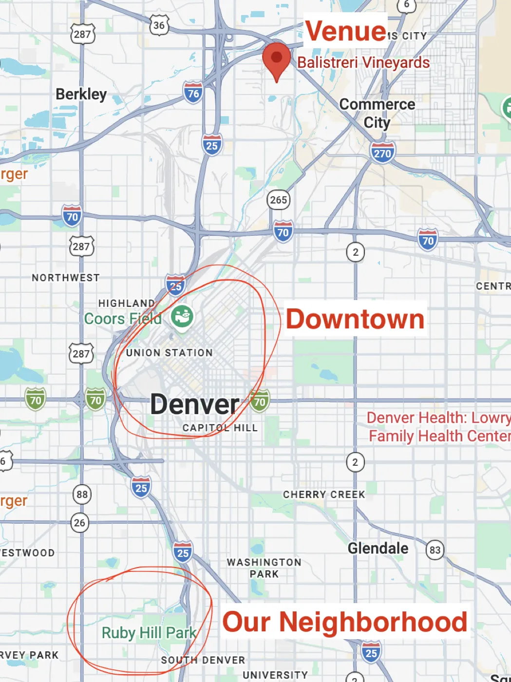 Map showing downtown Denver, Balistreri Vineyards, and the couple’s neighborhood